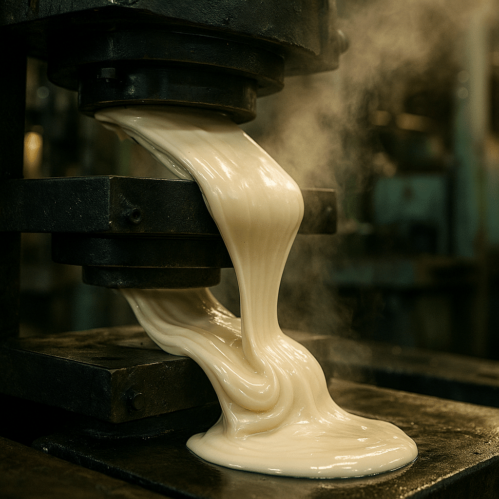 Heißer Vulkanisationsprozess: Rohlatex wird unter Druck und Hitze zu elastischem Material – Grundlage für hochwertige Latexkleidung, fachgerecht repariert bei Meurers Latex Reparatur Service.