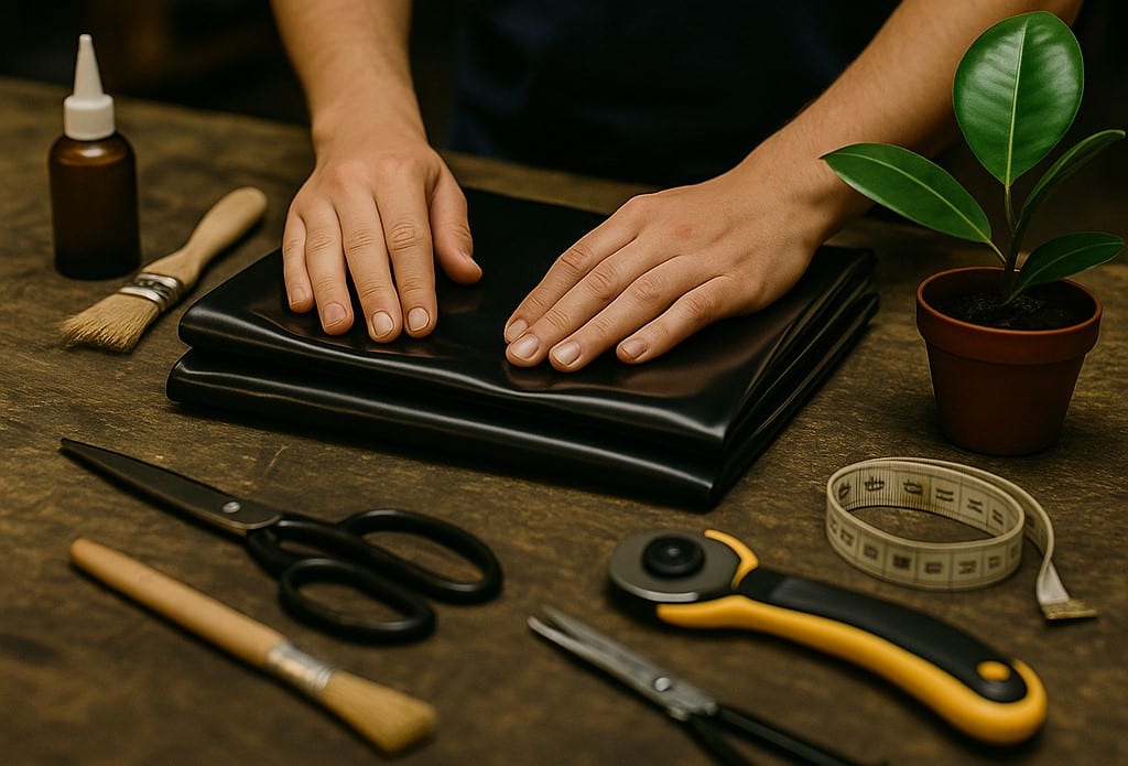 Hände eines Fachmanns falten glänzende Latexkleidung auf einem Holztisch. Daneben liegen Rollschneider, Schere, Klebstoff, Maßband und Pinsel – ein Gummibaum setzt einen natürlichen Akzent. Symbol für Präzision, Erfahrung und Nachhaltigkeit bei Meurers Latex Reparatur Service.