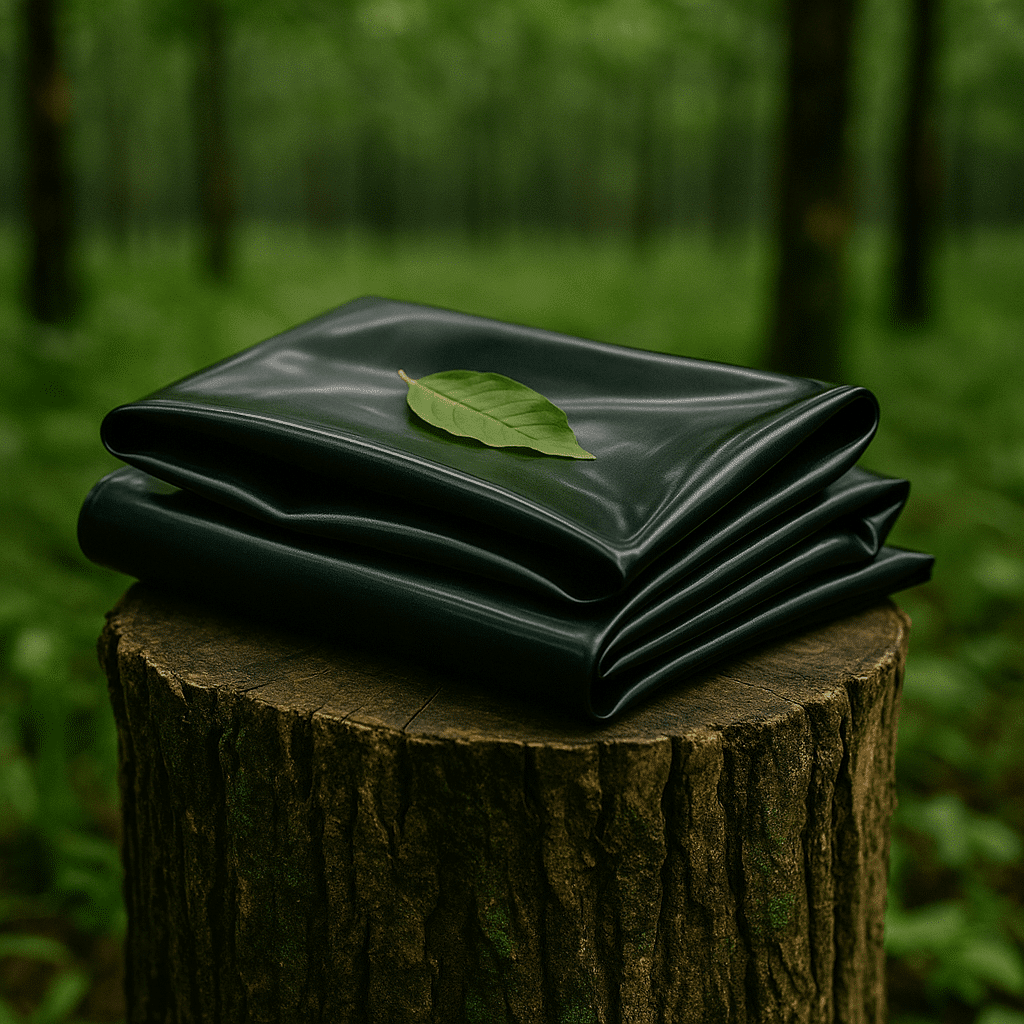 Gefaltete schwarze Latexkleidung liegt auf einem Baumstamm mit grünem Blatt – Symbol für Nachhaltigkeit, Qualität und Naturverbundenheit bei Meurers Latex Reparatur Service.
