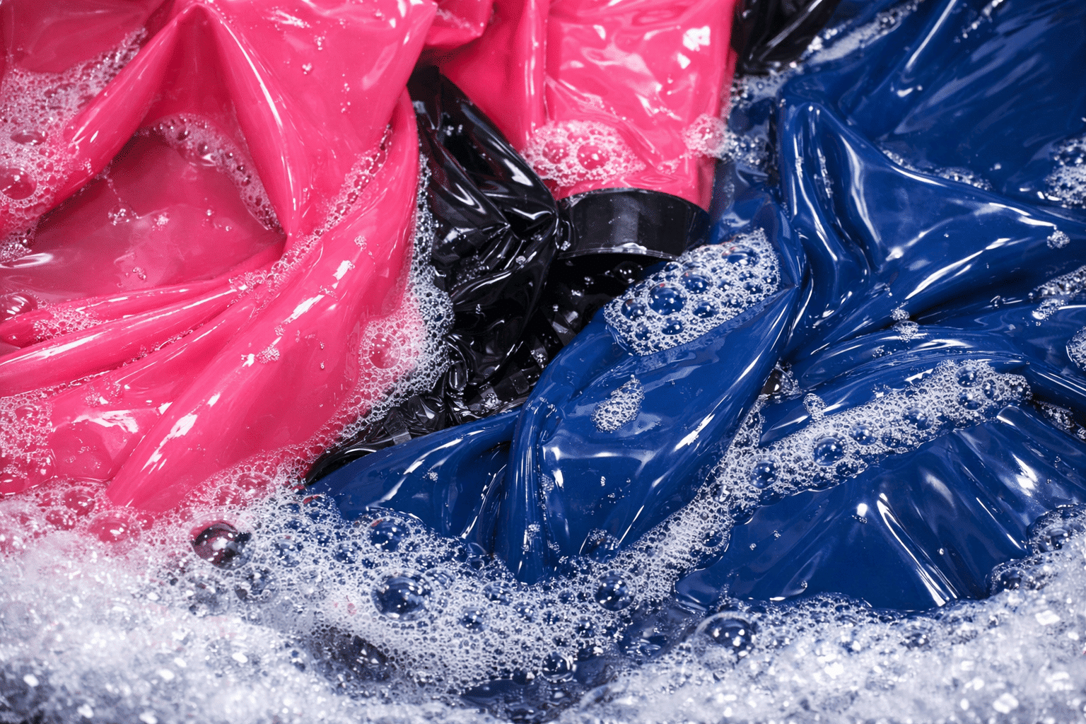 Latexkleidung wird in Wasser mit Schaum gereinigt – Nahaufnahme Latexpflege
