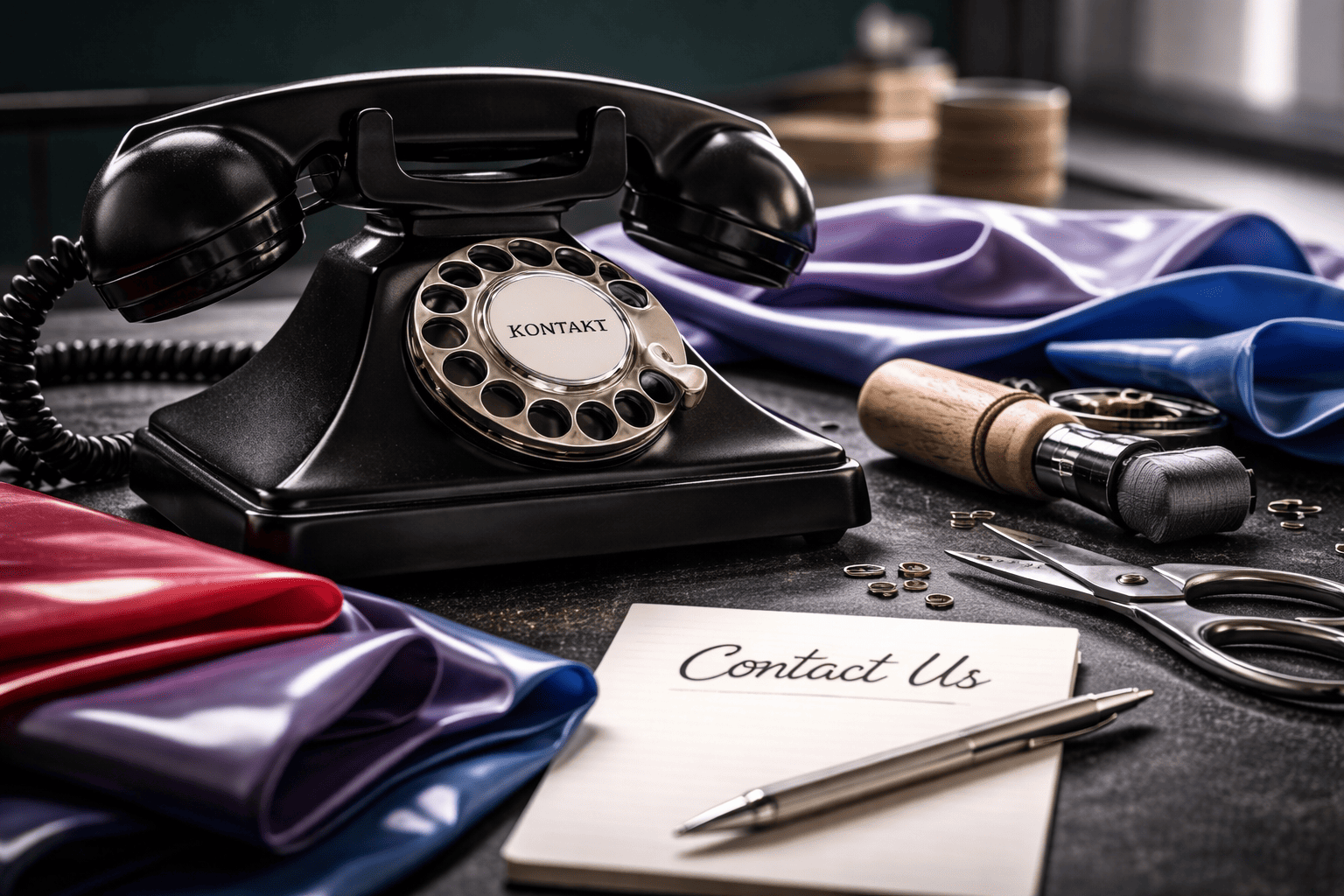 Schwarzes Telefon auf Werkbank mit Latexmaterial und Reparaturwerkzeug – Kontakt zum Latex Reparatur Service